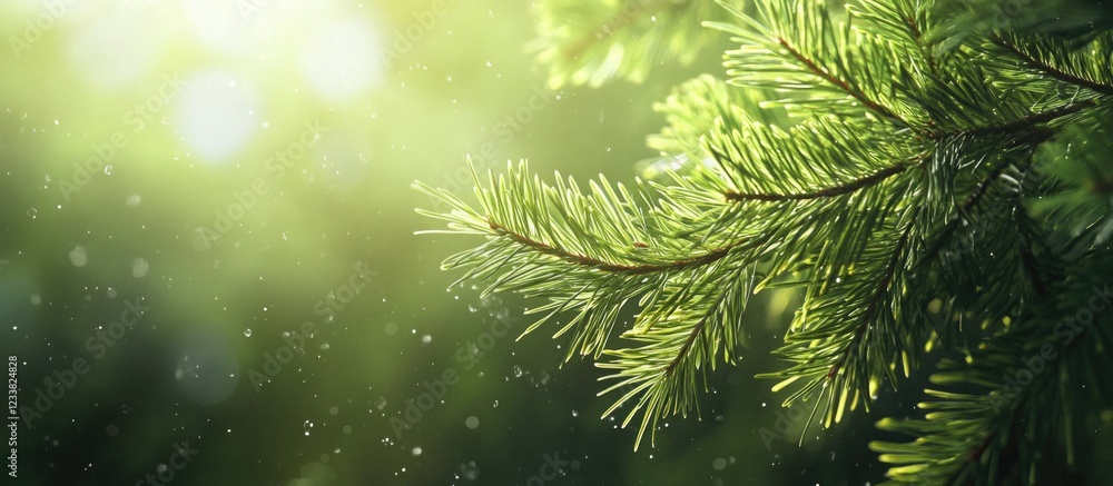 Poster Close-up view of green pine tree branches with sunlight filtering through foliage and soft bokeh background Copy Space