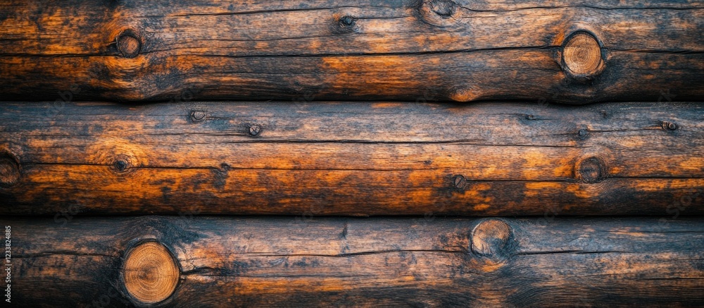 Poster rustic wooden log wall background with visible texture and knots.