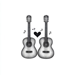 Two Acoustic Guitars with Musical Notes and Heart