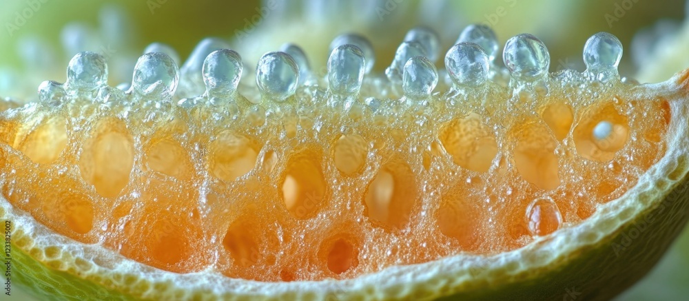 Poster close-up view of sliced cantaloupe melon revealing juicy orange flesh and bubbles with copy space fo