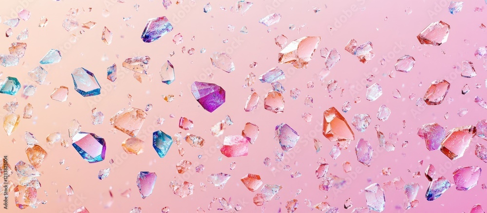 Poster colorful gemstones scattered on a gradient pink background with copy space for text placement
