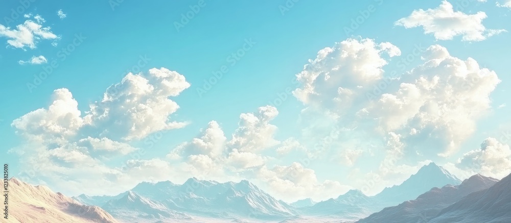Poster breathtaking mountain scenery with white clouds and vast empty space for customizable text or captio
