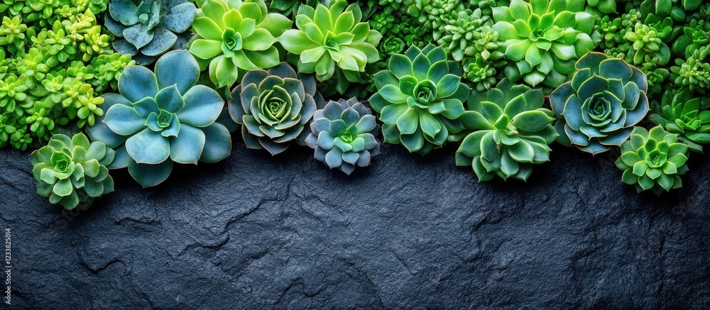 Fototapete assorted succulents and cacti in various shades of green against a textured dark stone background wi