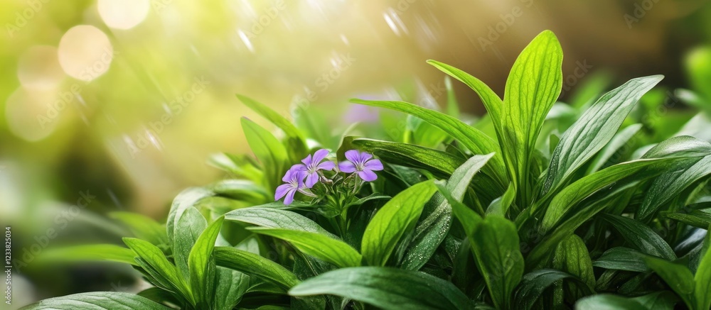 Poster lush green foliage with purple flowers in natural sunlight with soft bokeh background and ample copy