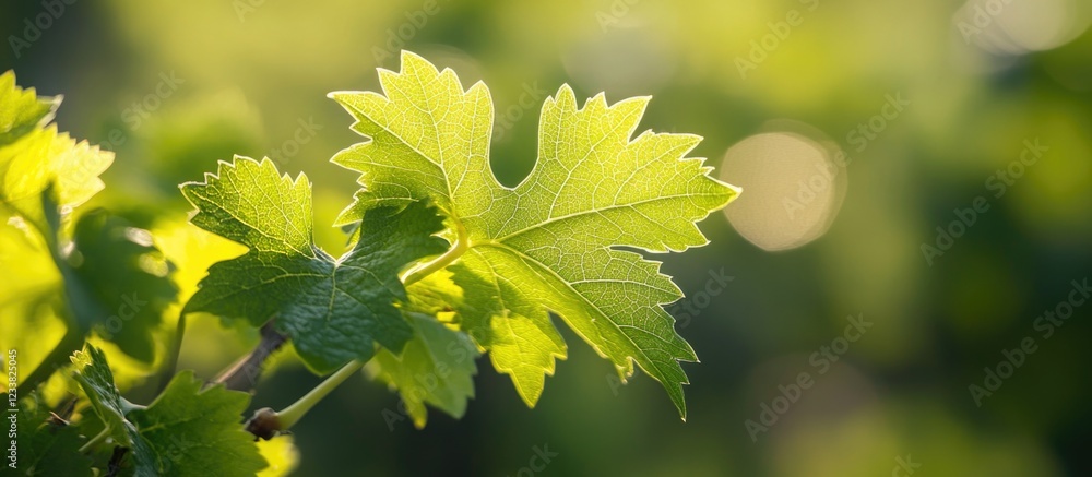 Poster Vibrant close-up of sunlit green grapevine leaves with bokeh background and ample Copy Space for text placement