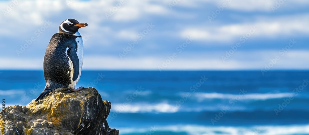 Fototapete penguin standing on a rock by the ocean with a cloudy sky and waves in the background copy space