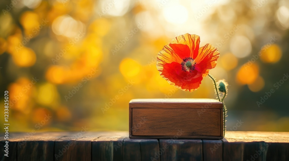 Poster single orange poppy flower in a glass vase on a wooden table with blurred background and copy space 