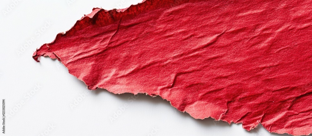 Poster red crumpled paper texture with torn edge on white background copy space