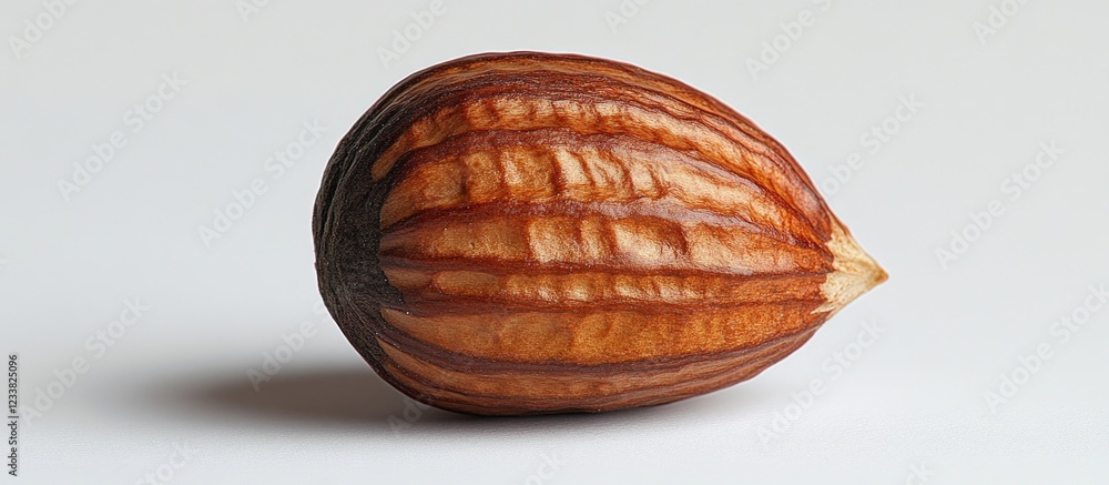 Poster Close-up of single roasted almond on white background with Copy Space for text placement