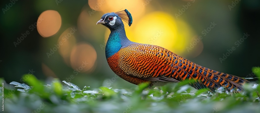 Poster colorful pheasant standing on green foliage with blurred bokeh background and ample copy space for t