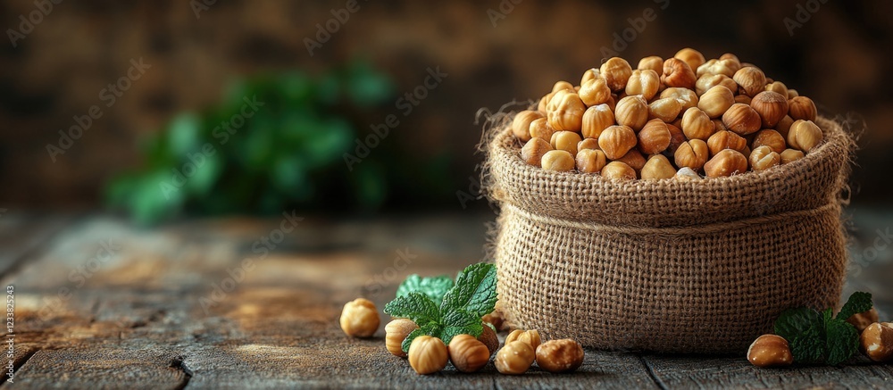 Aufkleber Burlap sack filled with roasted hazelnuts on rustic wooden table with green leaves and copy space for text