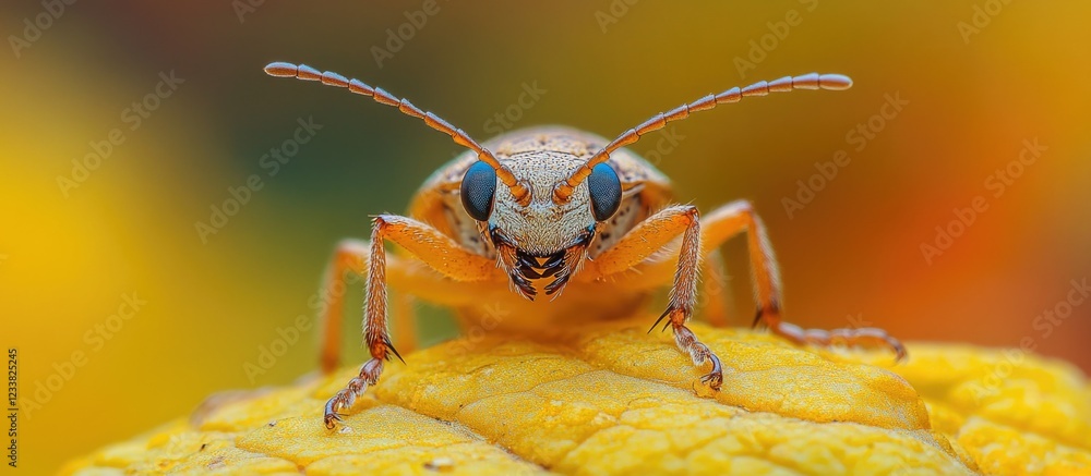 Poster close-up of an orange insect with detailed eyes and antennae resting on a yellow leaf against a blur