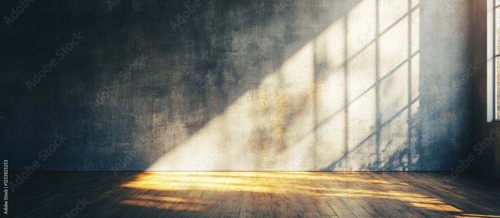 Aufkleber empty room with sunlight streaming through window casting geometric shadows on textured wall and woo