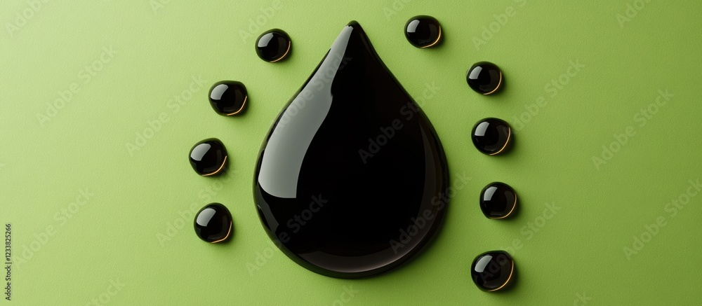 Poster Black oil drop and droplets on a green background with copy space for text or branding