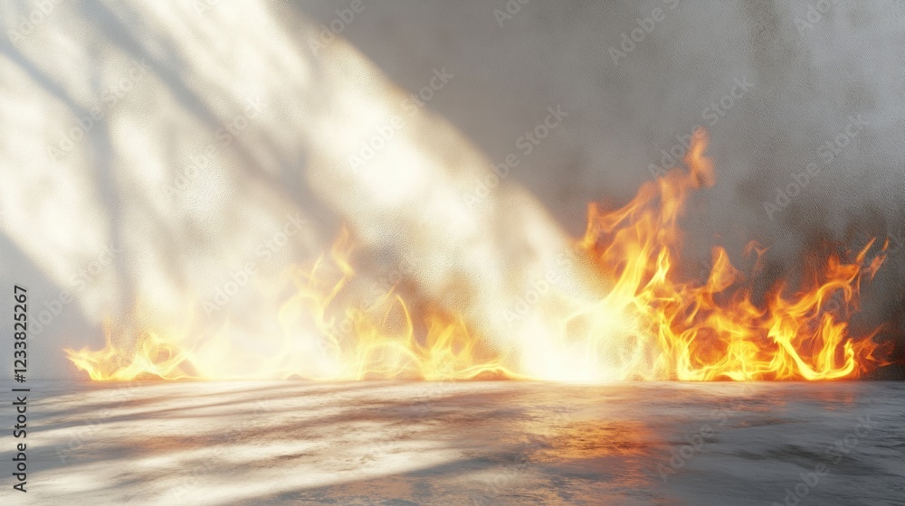 Poster sunlight shadows and flames on a white wall creating a dramatic atmospheric effect with ample copysp