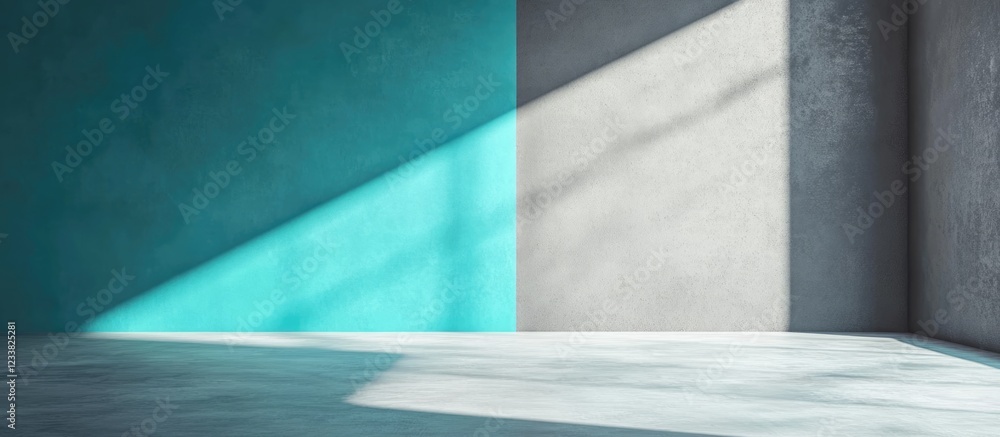 Aufkleber abstract interior background with light blue and gray walls casting shadows on the floor with copy s