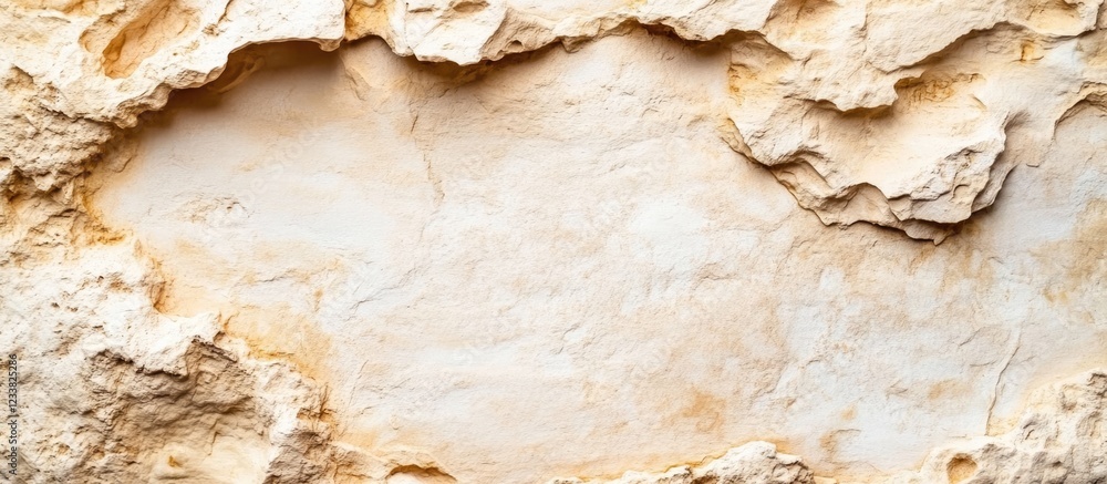 Poster Textured natural stone background with beige and cream tones, displaying rough surface features and copy space for text placement.