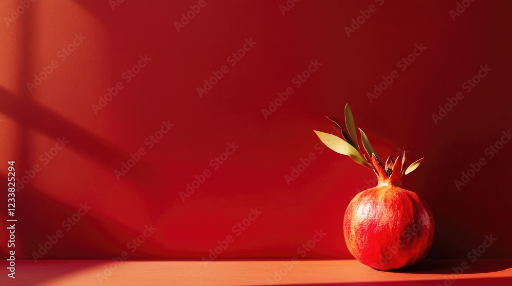 Poster pomegranate with green leaves on red background with copy space for text