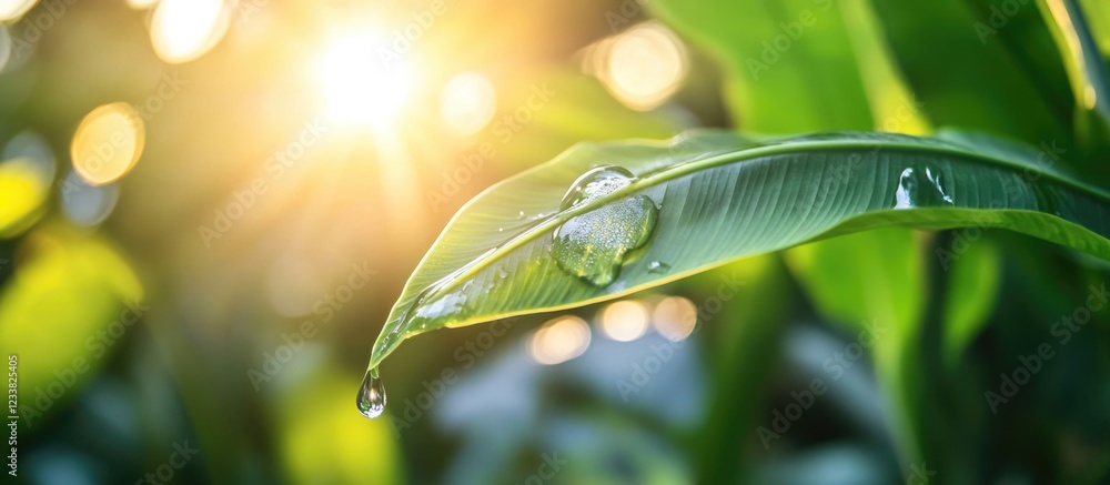 Poster close-up of a green leaf with water droplets illuminated by sunlight with blurred green background a