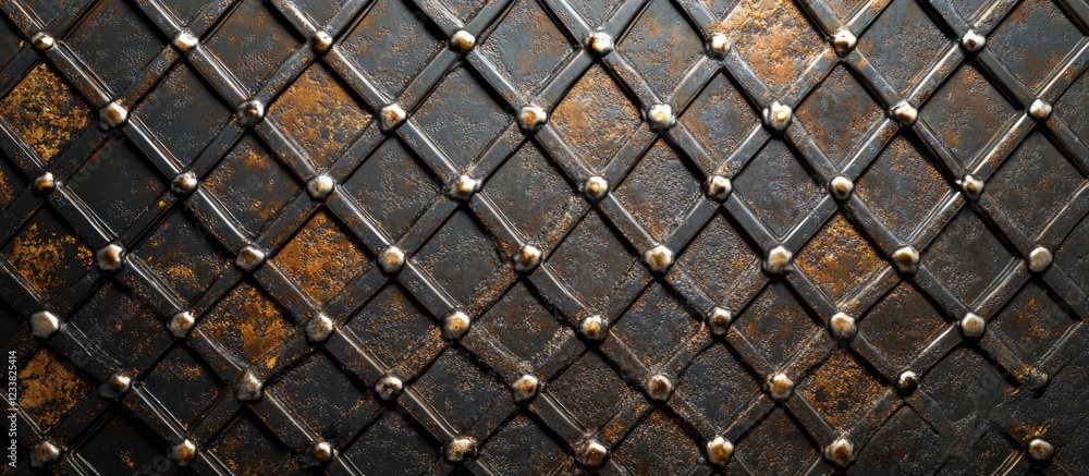 Poster metallic patterned background with riveted details and dark textures featuring copy space for text p