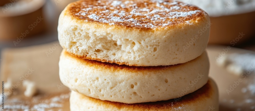 Poster stack of freshly cooked english muffins with a golden top and dusted with flour, placed on parchment