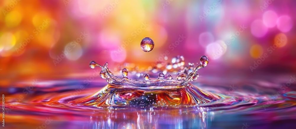 Poster Colorful water splash with droplet creating ripples and bokeh background, suitable for abstract or artistic themes, Copy Space included