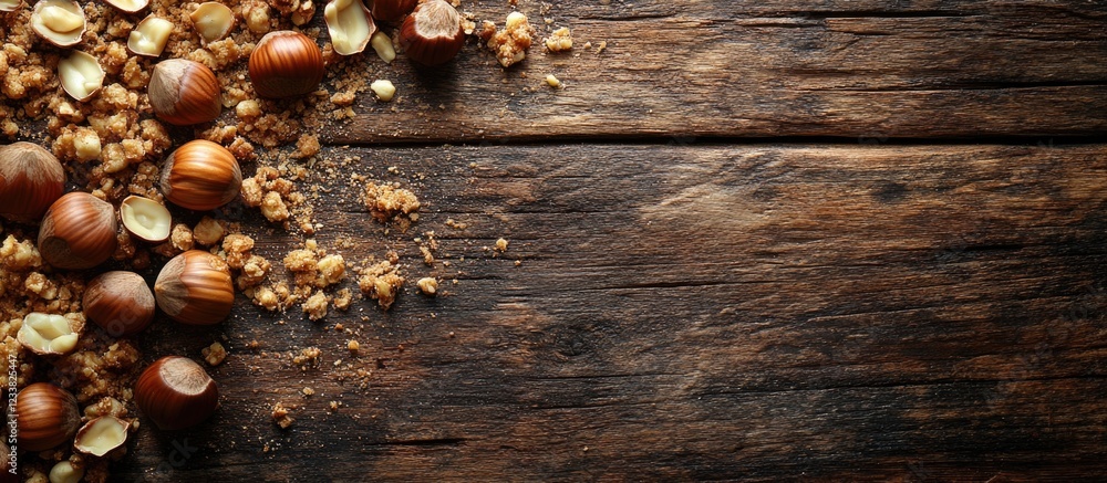 Aufkleber Hazelnuts and oats on rustic wooden surface with copy space for text or design elements