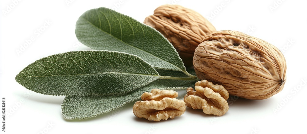 Poster walnuts and fresh green leaves on white background with copy space for text placement
