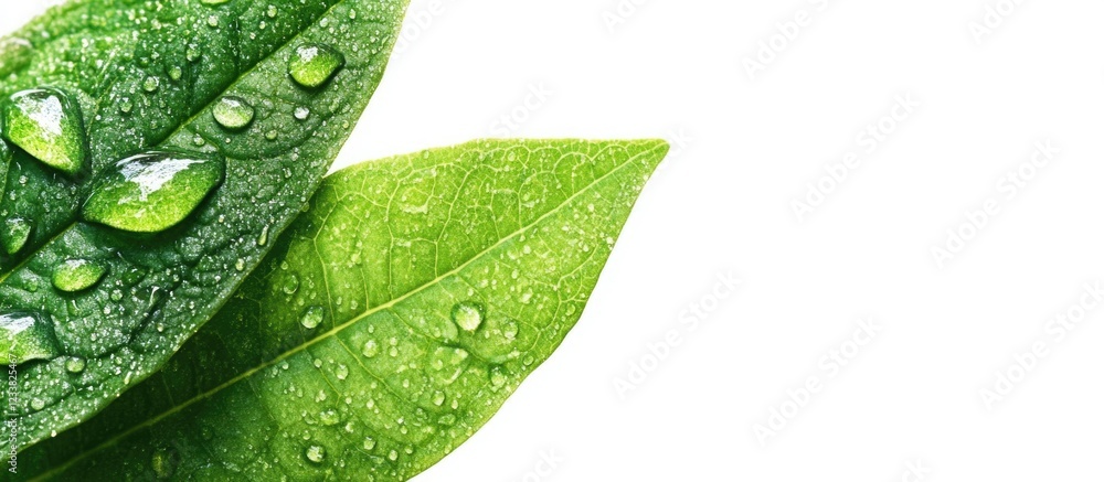 Poster green leaves with water droplets on a white background featuring ample copy space for text placement