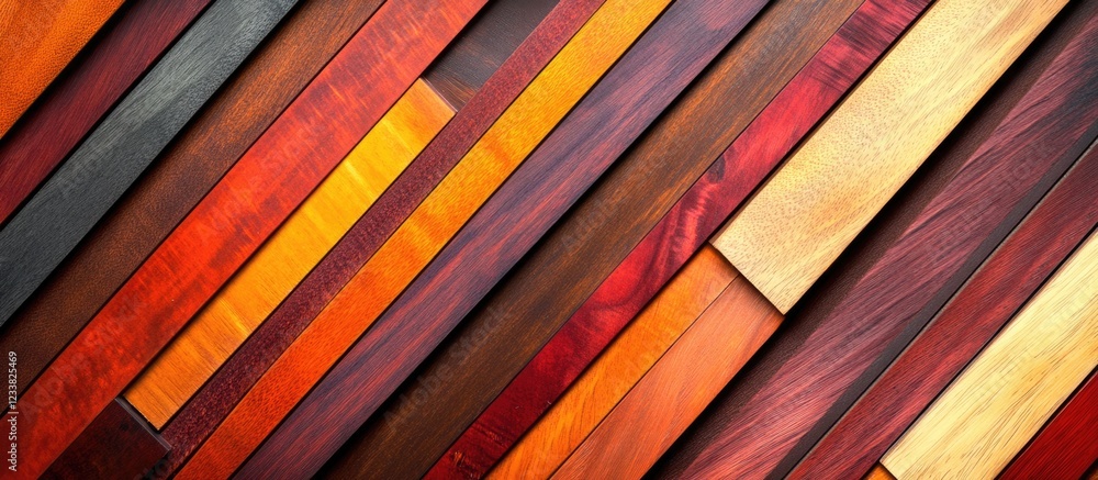 Poster Colorful wood texture background with various hardwoods arranged in a diagonal pattern Copy Space