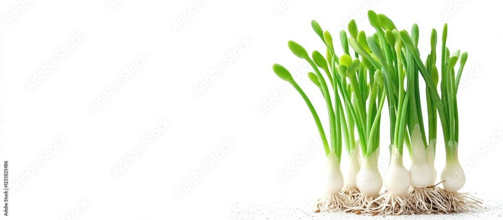 Aufkleber fresh green onion sprouts with roots isolated on white background copy space