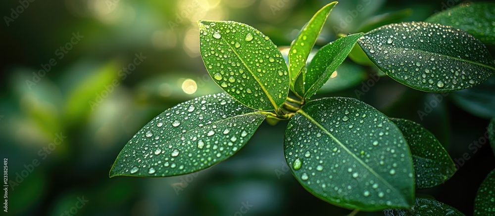 Poster Green leaves with water droplets in soft natural light featuring blurred background and ample Copy Space for text placement