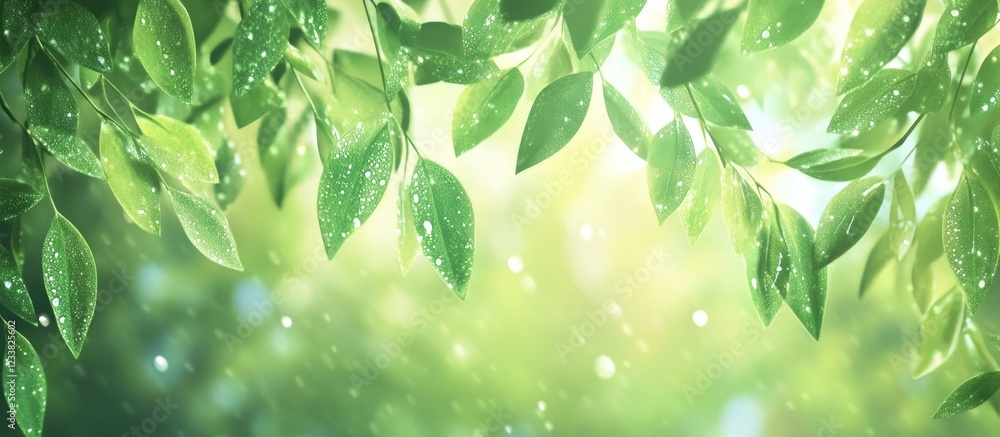 Poster fresh green leaves with water droplets on them illuminated by soft sunlight with bokeh effect and co
