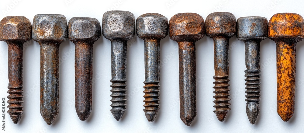 Poster close-up of rusty and weathered metal bolts arranged in a row on a white background with copy space 