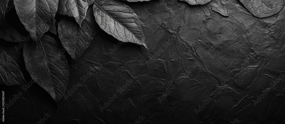 Poster Black textured background with dark leaves arranged on a surface, featuring ample Copy Space for text placement.
