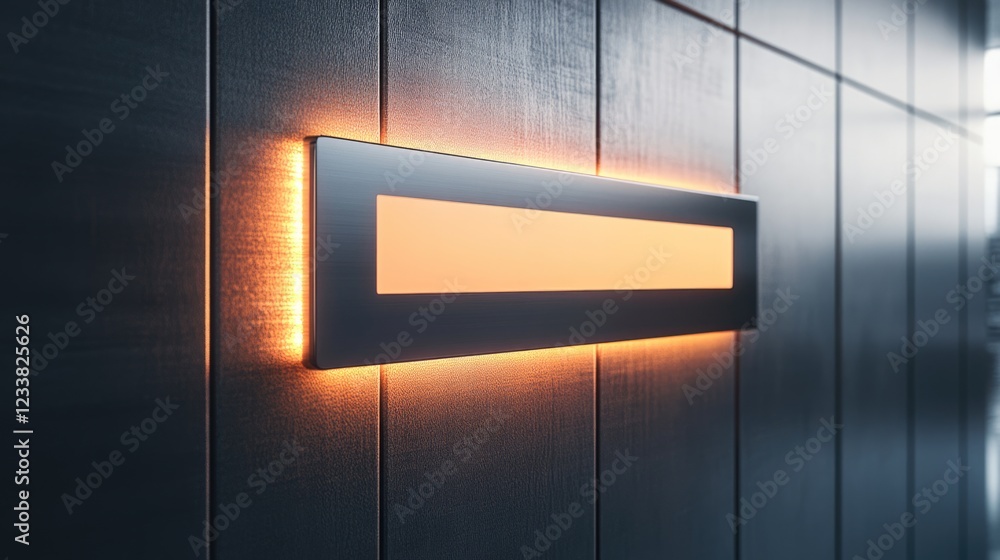 Poster Modern illuminated wall sign with warm light against a sleek paneling background featuring copy space for text placement.