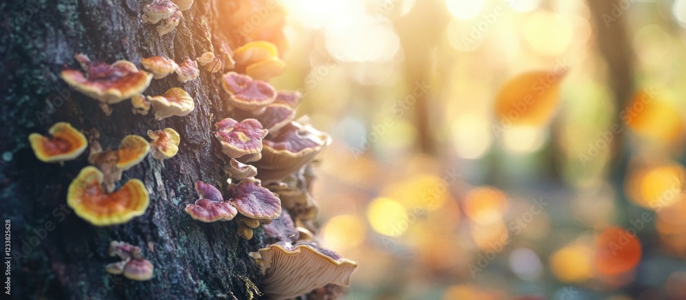 Poster colorful mushrooms growing on tree trunk with sunlight filtering through trees in forest creating bl