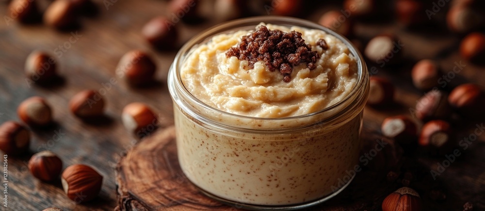 Poster creamy hazelnut spread in glass jar with chocolate topping surrounded by whole hazelnuts on rustic w