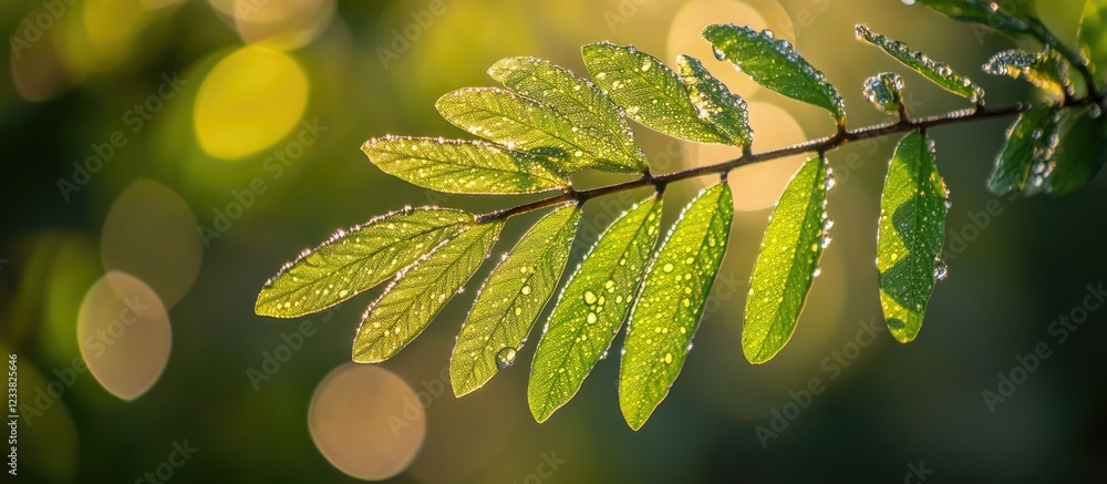 Aufkleber Close-up of green leaf with water droplets on it against a blurred bokeh background with natural light copy space
