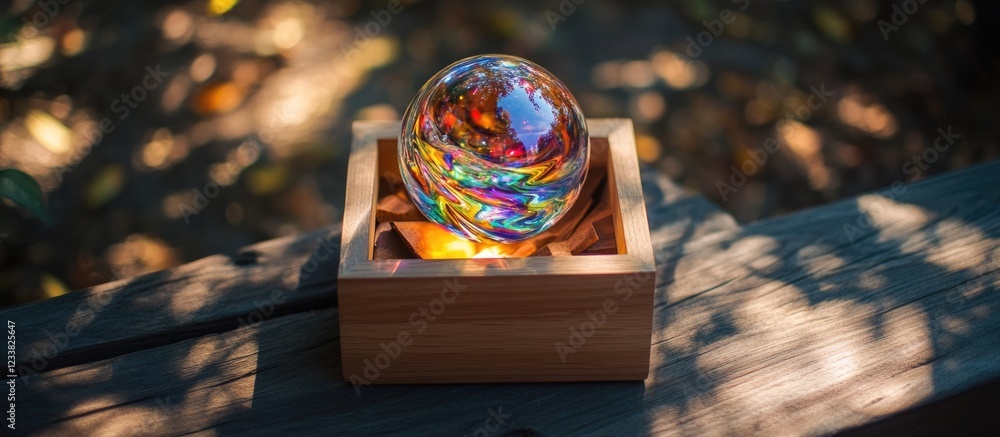 Poster colorful glass orb placed in a wooden display box with blurred natural background and soft lighting 