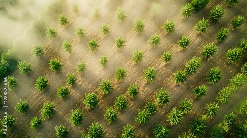 Poster aerial view of green young trees sprouting in rows under clouds and sunlight in a rural field during