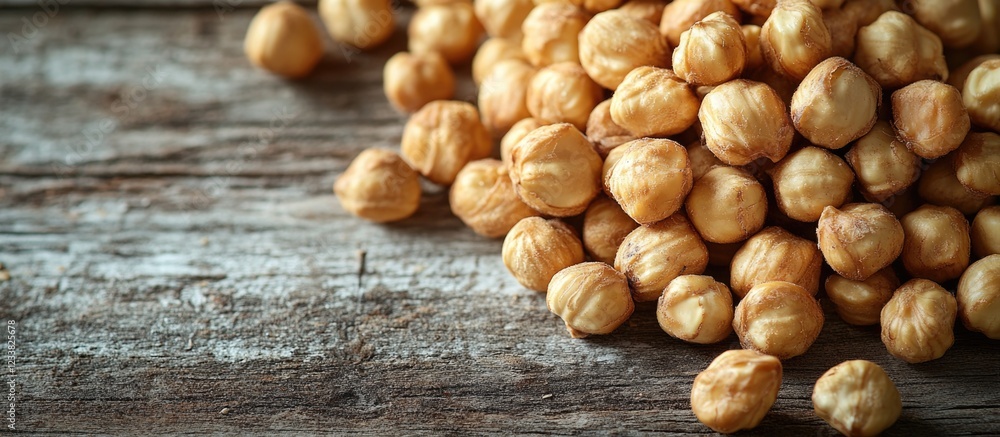 Poster Raw roasted hazelnuts on rustic wooden surface with copy space for text or design use