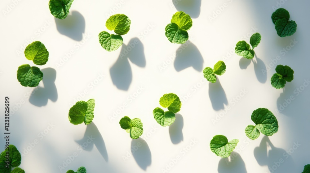 Poster Green leaves arranged on a light background casting shadows with selective focus and copy space for text placement