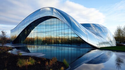 Obraz premium Modern architectural building with sleek reflective glass exterior and wavy design, surrounded by greenery and water features, Copy Space.
