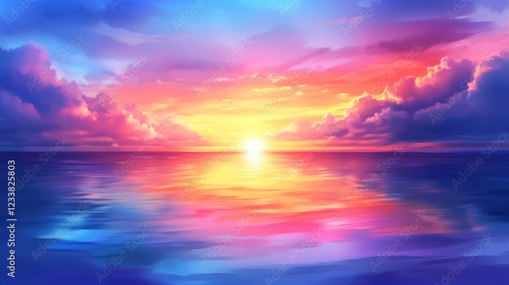 Poster vibrant sunset over calm ocean with colorful clouds and reflective water creating ideal empty space 