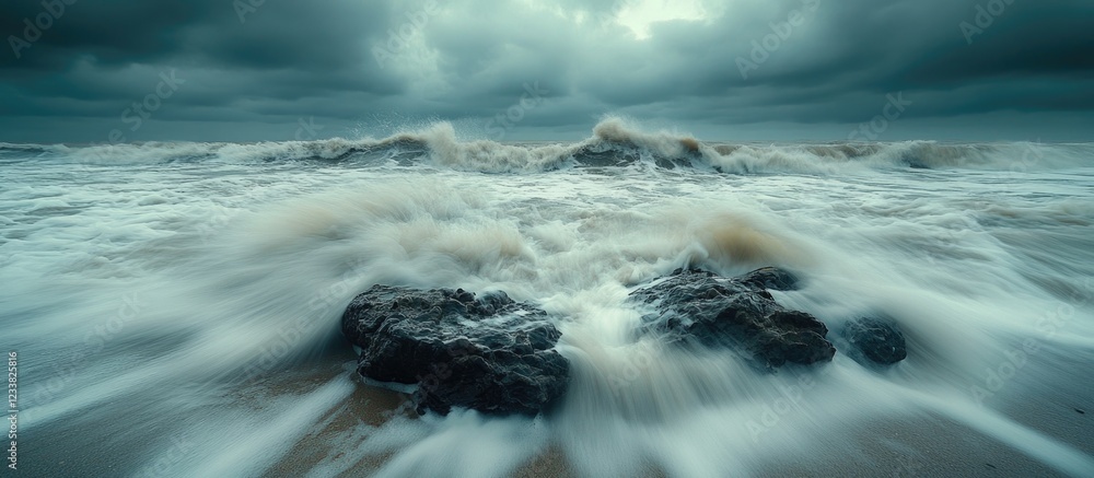 Poster Stormy ocean waves crashing against rocks with dramatic clouds overhead and ample Copy Space for text placement.