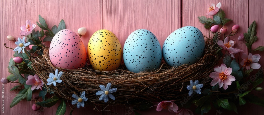 Poster easter eggs in pastel colors arranged in a nest surrounded by flowers on a pink wooden background wi