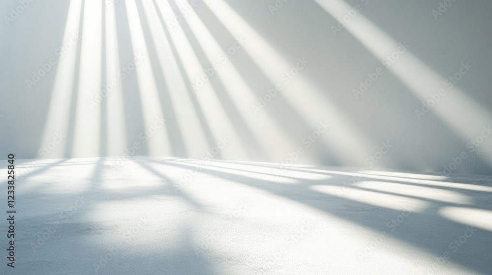 Poster sun rays illuminating empty filming studio white backdrop with copyspace for text and creative visua