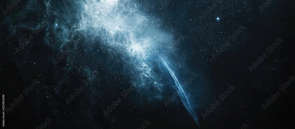 Aufkleber comet streaking through a starry night sky with vast empty space for text and a dramatic cosmic back