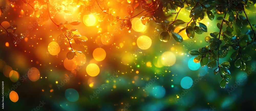 Poster Colorful bokeh background with green leaves and varied light spots, natural abstract design with Copy Space for text placement.